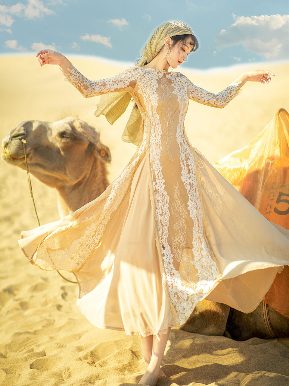 Apricot Boat Neck Lace Swing Dress