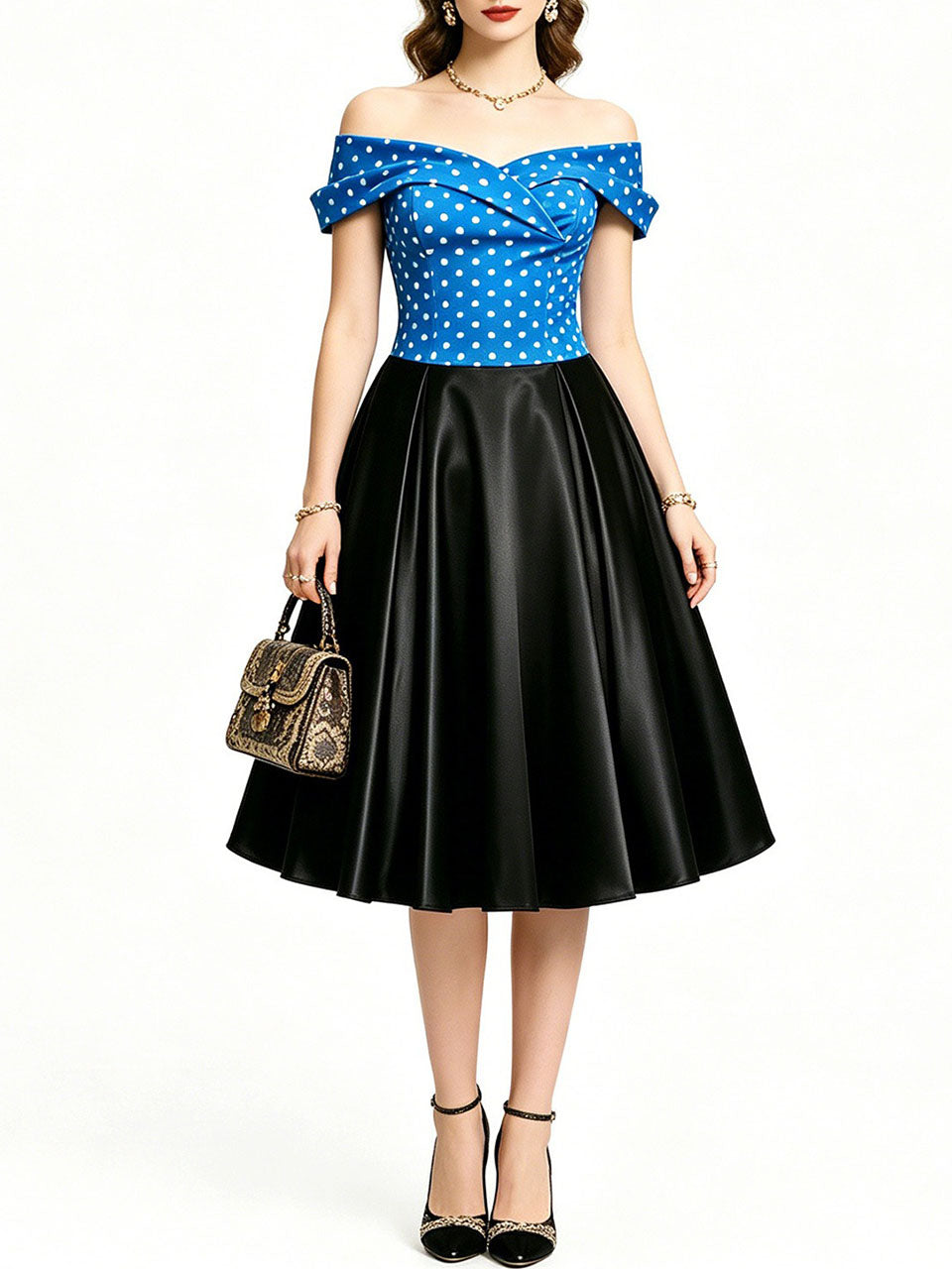 1950s Vintage Off Shoulder Polka Dot Swing Dress | Black and White Midi