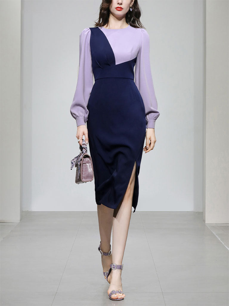 Lilac And Navy Lantern Sleeve Slit Dress Vintage 1940S Dress