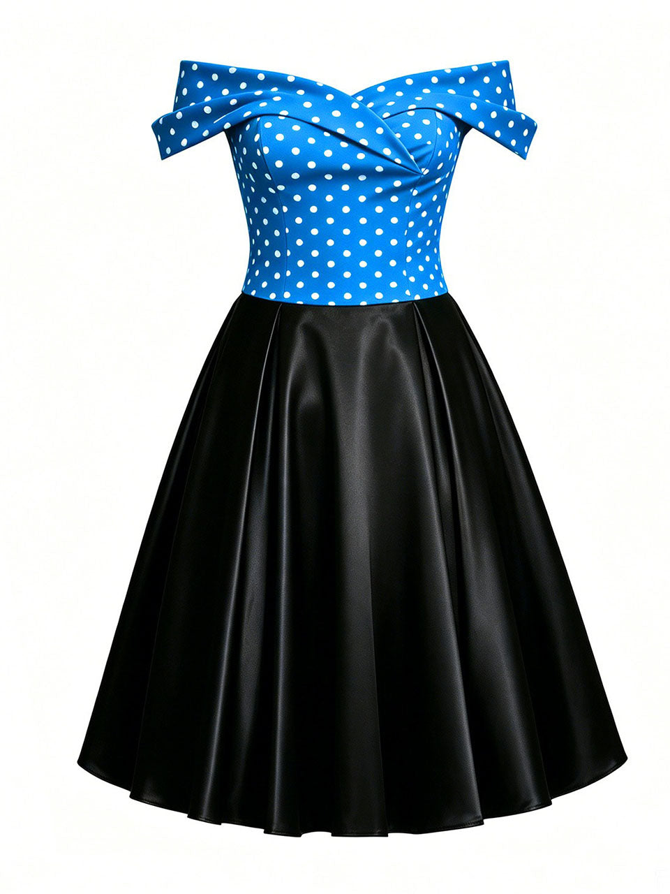 1950s Vintage Off Shoulder Polka Dot Swing Dress | Black and White Midi
