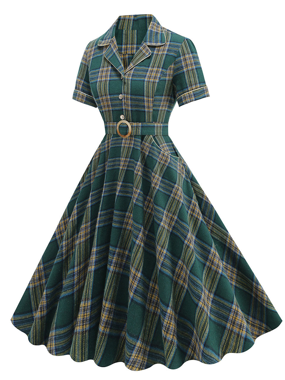 Green Plaid Turn Down Collar Short Sleeves 1950S VintageShirt Dress