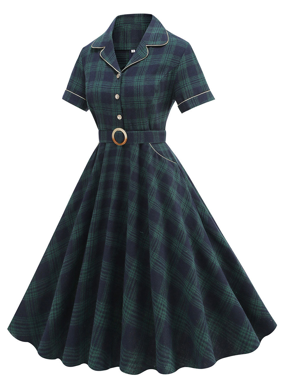 Green Plaid Turn Down Collar Short Sleeves 1950S VintageShirt Dress