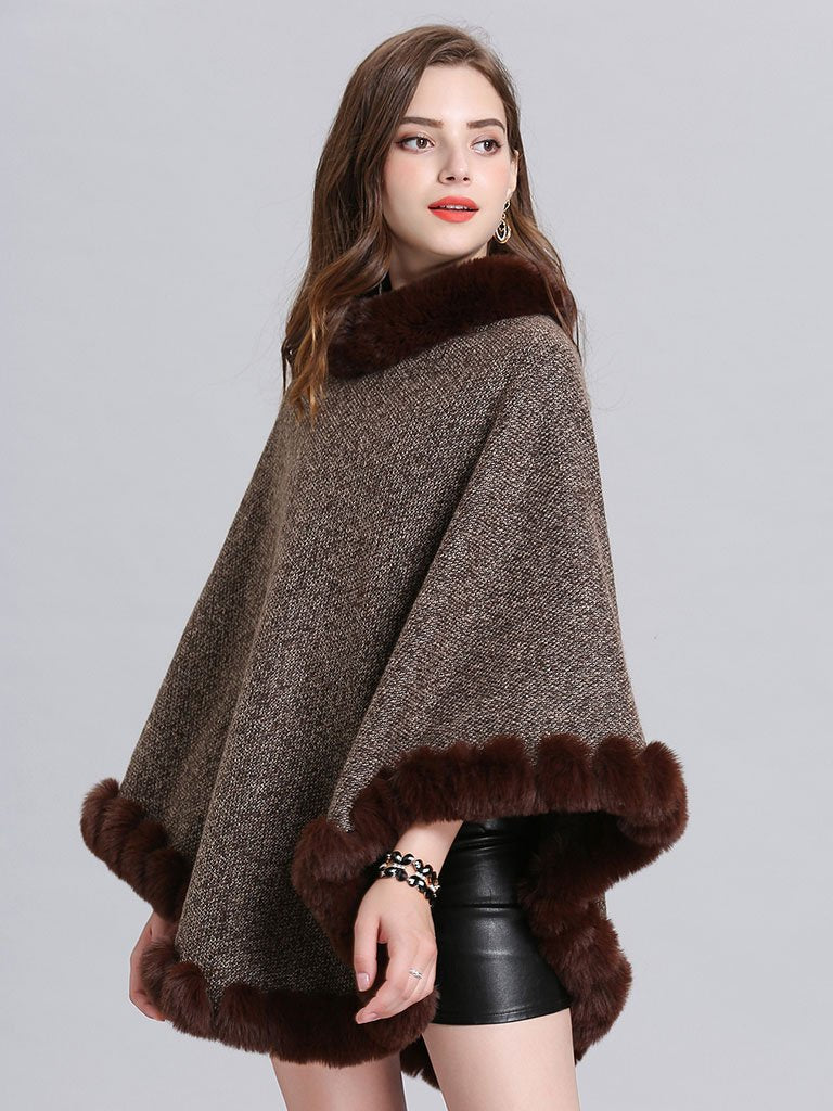 Woolen Poncho Faux Fur Shawl Collar Oversized Winter Coat