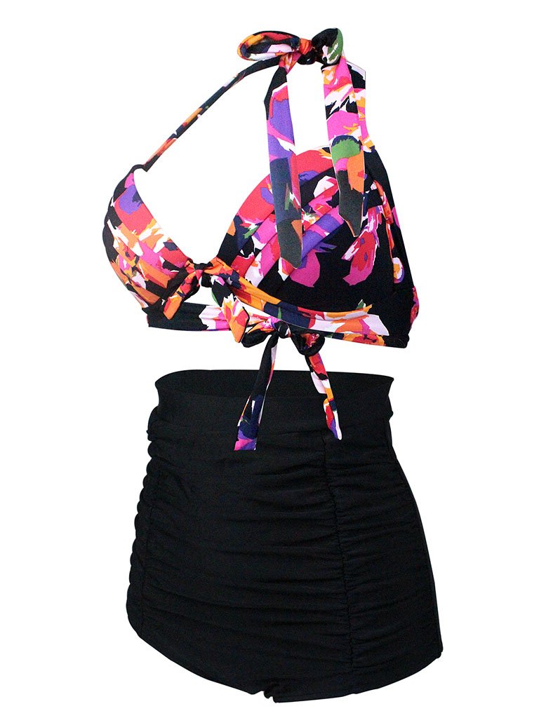 Floral Print Halter Backless Retro Style Binikis High Wasited Swimwear Bathing Suit