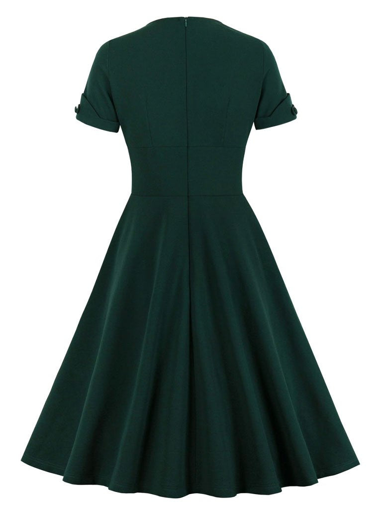 Dark Green V Neck Short Sleeve 50S Vintage Dress