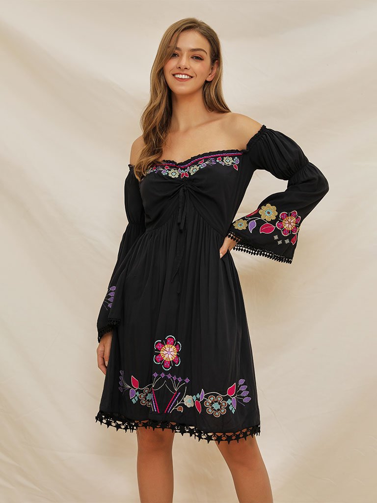 Boho Dress Black Off Shoulder Floral Embroidered Dress