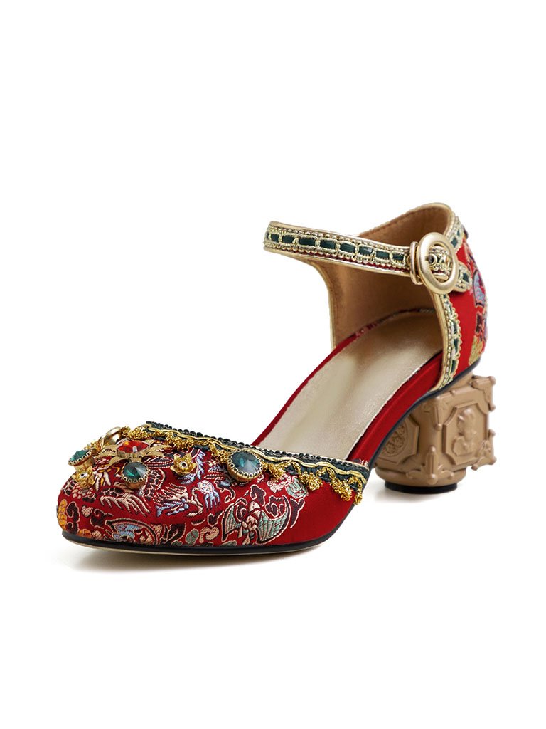 Luxurious Rhinestone Embroidery Floral Block Heel Ankle Strap Vintage Shoes