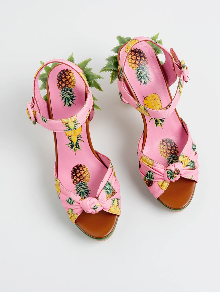 Fruit Heel Pineapple Print Platform Bow Vintage Sandals