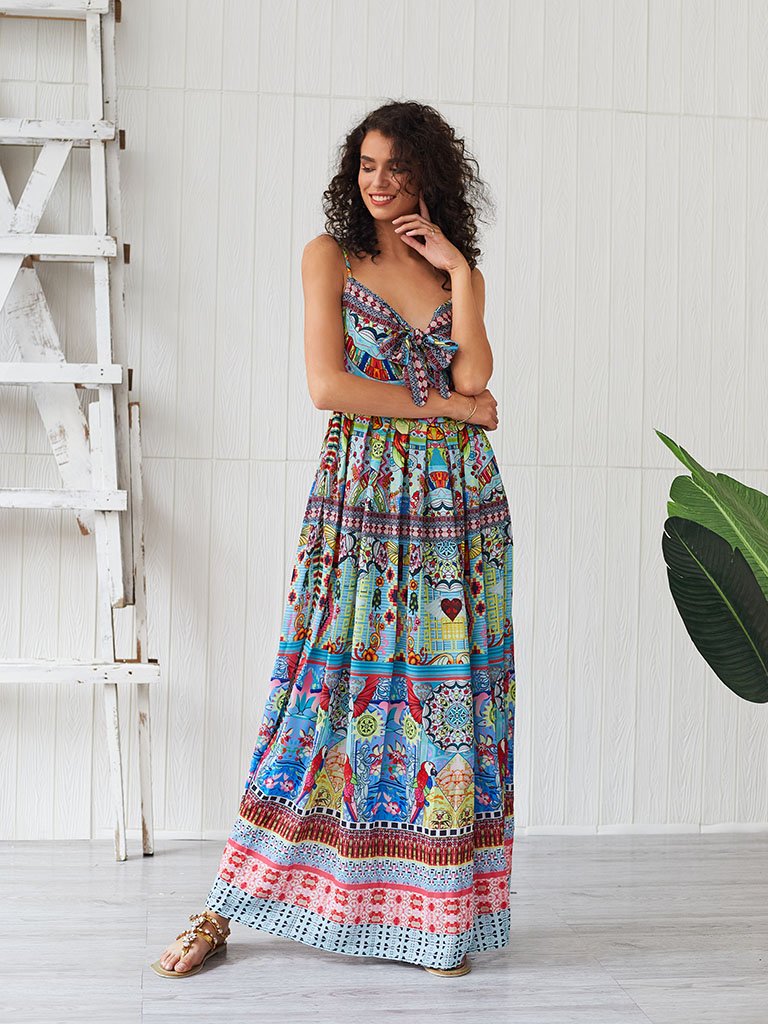 Boho Dress Spaghetti Strap Bow Split Floral Printed Maxi Dress