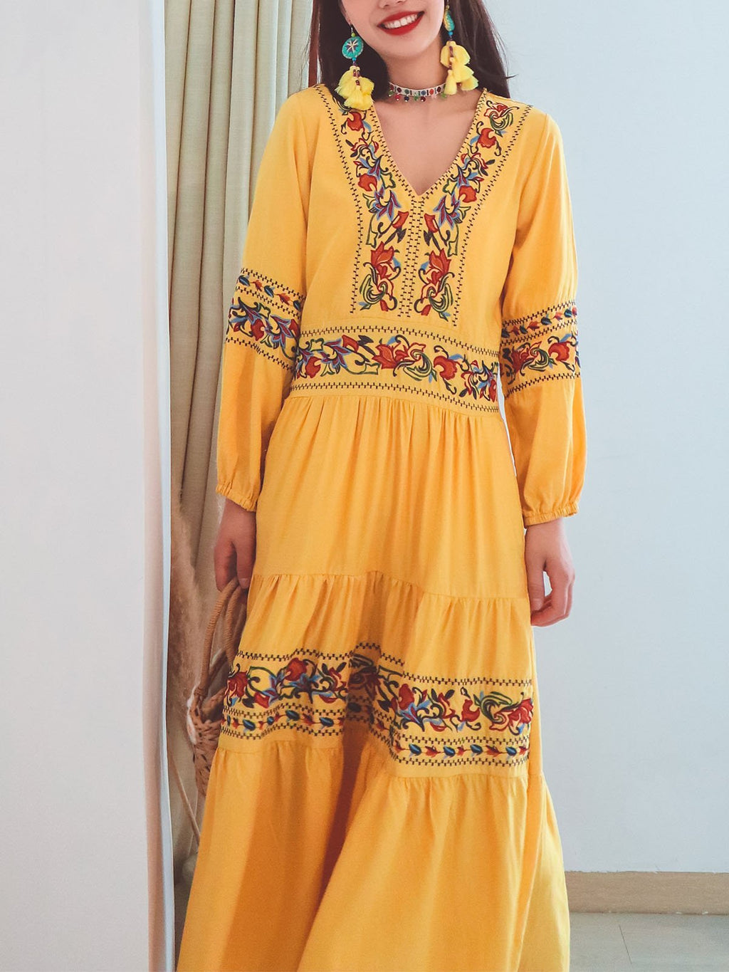 Jolly Vintage Embroidered Floral V Neck Long Sleeves Boho Maxi Cotton Dress