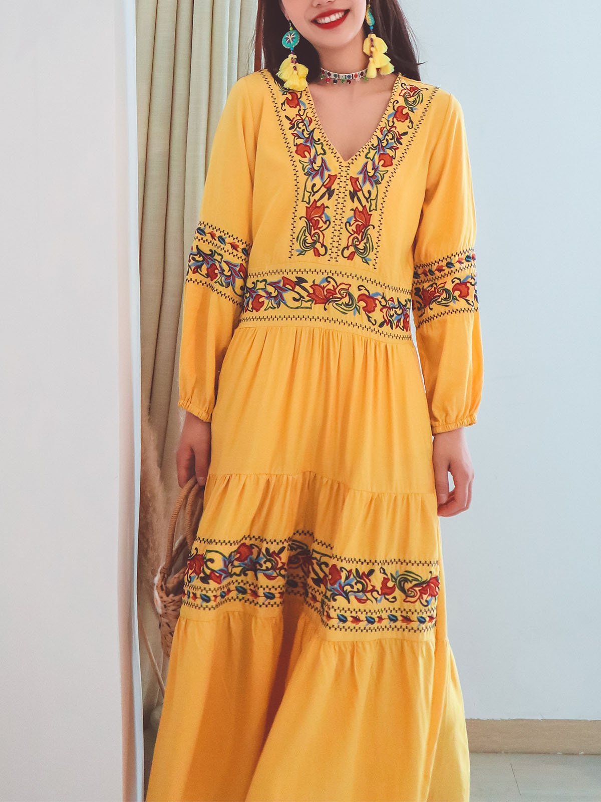 Jolly Vintage Embroidered Floral V Neck Long Sleeves Boho Maxi Cotton Dress
