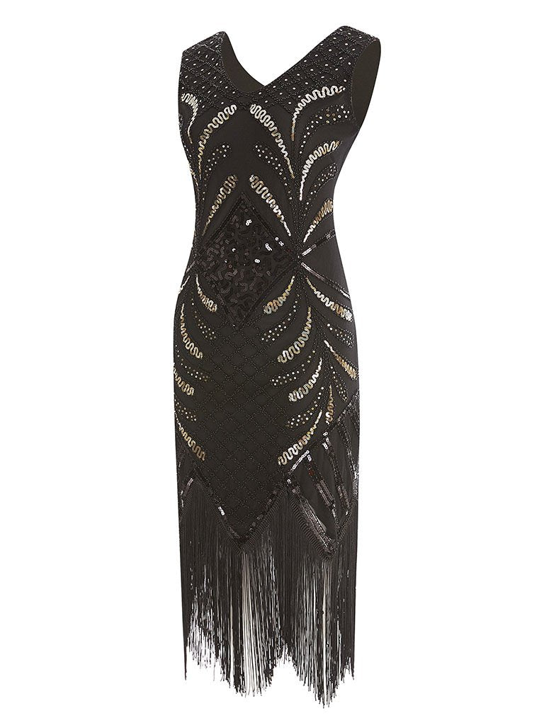 Black 1920s V Neck Sequined Flapper Dress