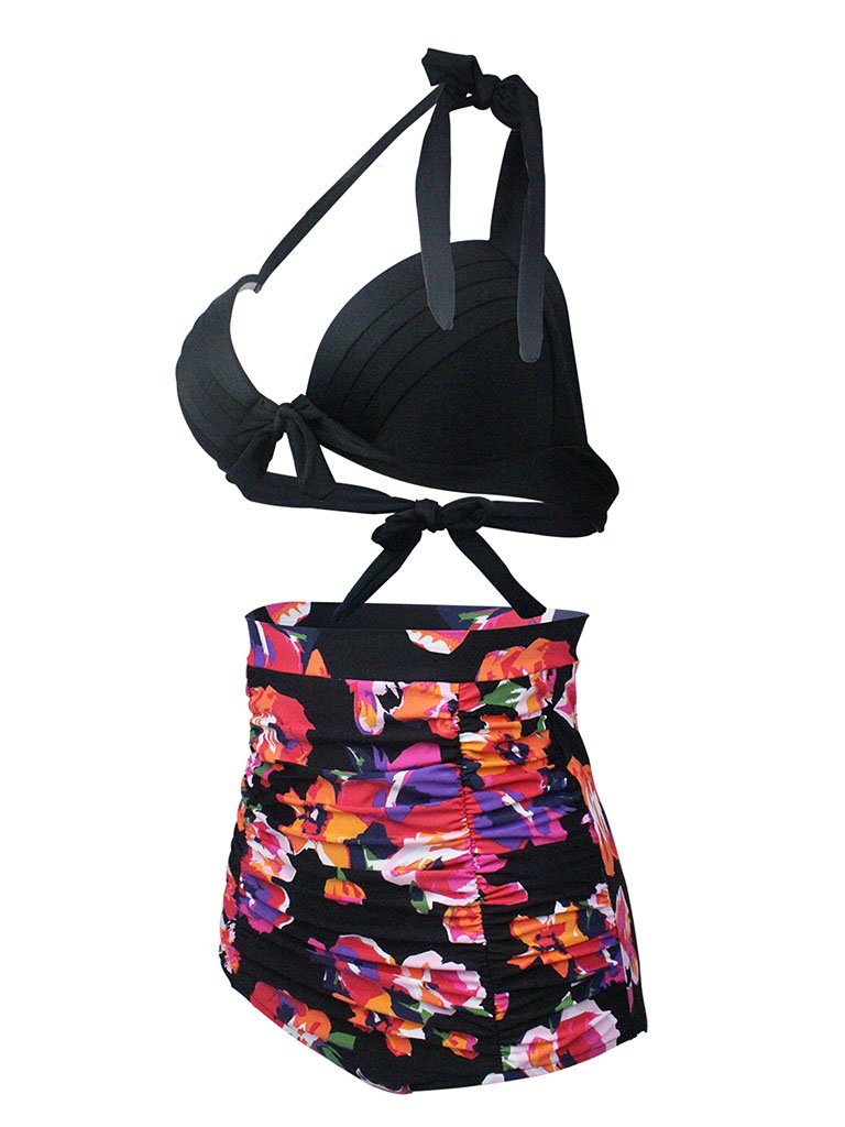 Black Floral Print Halter Backless Retro Style Binikis Swimwear Bathing Suit