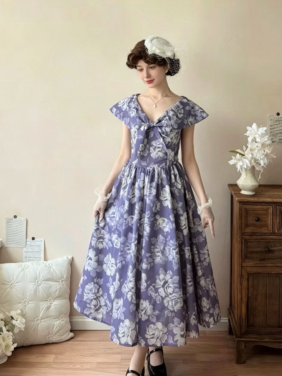1950s Audrey Hepburn style Vintage Lavender Floral Dress | Retro V Neck Bow Rockabilly Swing Dress