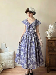 1950s Audrey Hepburn style Vintage Lavender Floral Dress | Retro V Neck Bow Rockabilly Swing Dress