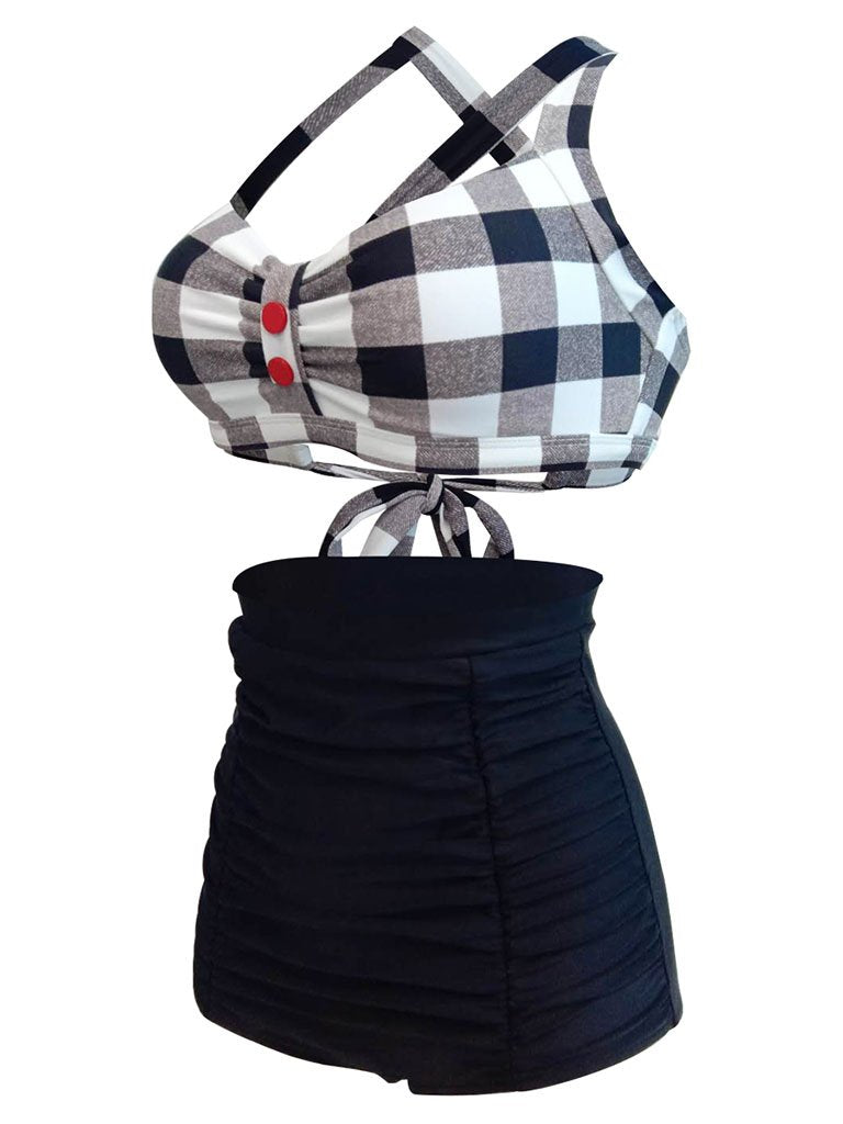 High Waisted Retro Style Backless Solid Black Two Pieces Bikini Sets