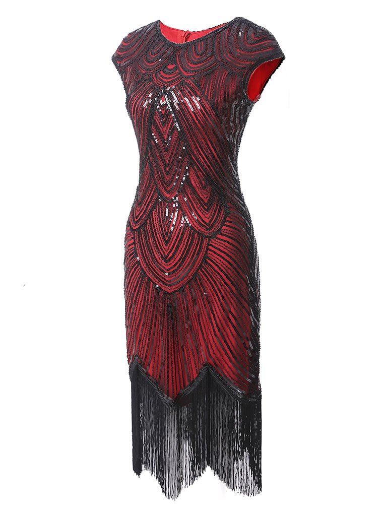 Spaghetti Straps Wine Red  Fringed Roaring 1920s Great Gatsby Dress