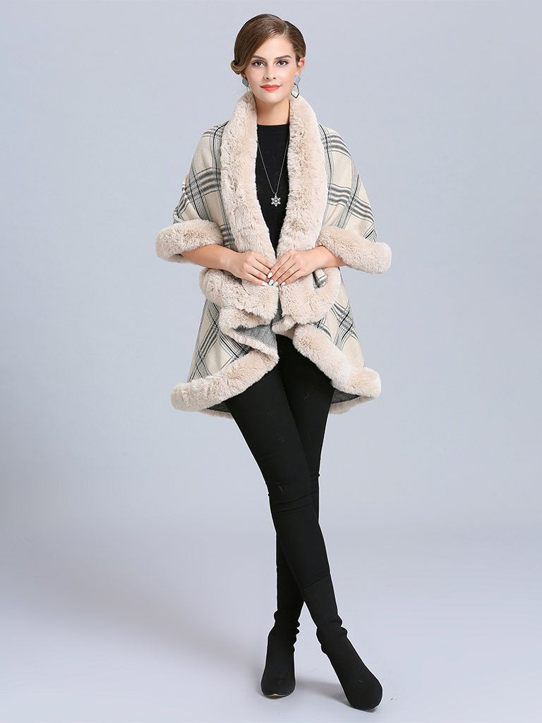 Poncho Wrap Faux Fur Collar Double Layer