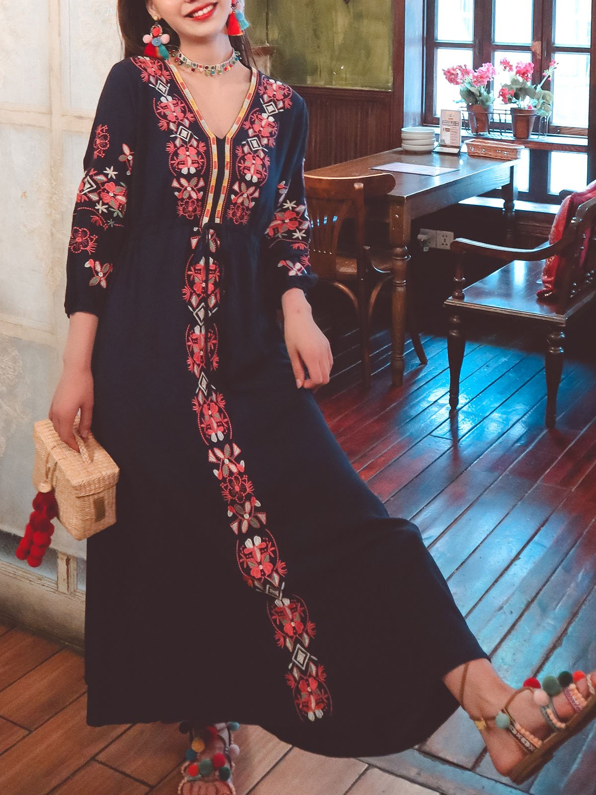 Bohemian Embroidered Floral V Neck Long Sleeve Cotton Boho Maxi Dress