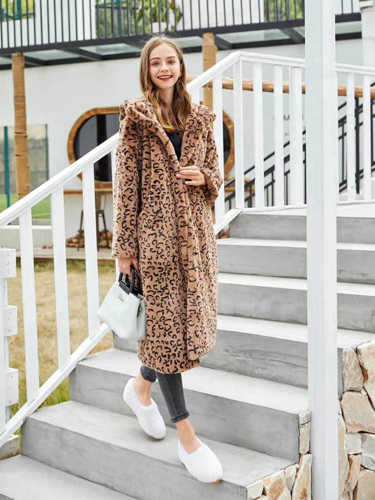 Faux Fur Coat Leopard Hooded Long Sleeve Oversized Winter Coat