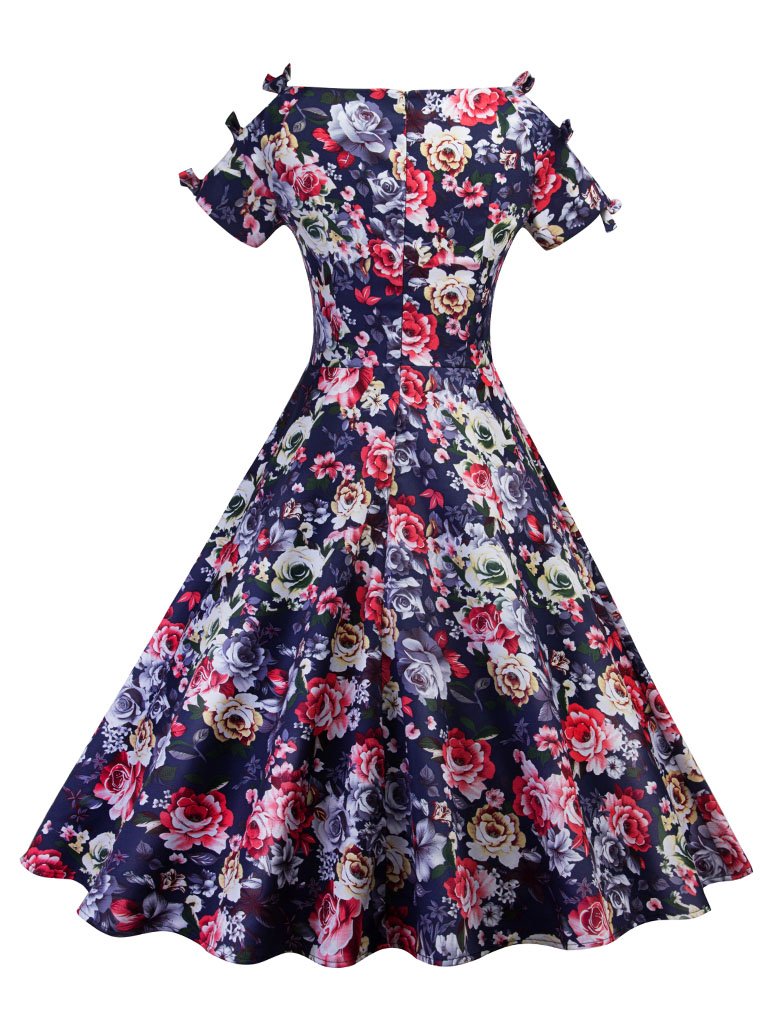 Floral Print Cut Out Bows Short Sleeve A Line Vintage Dress