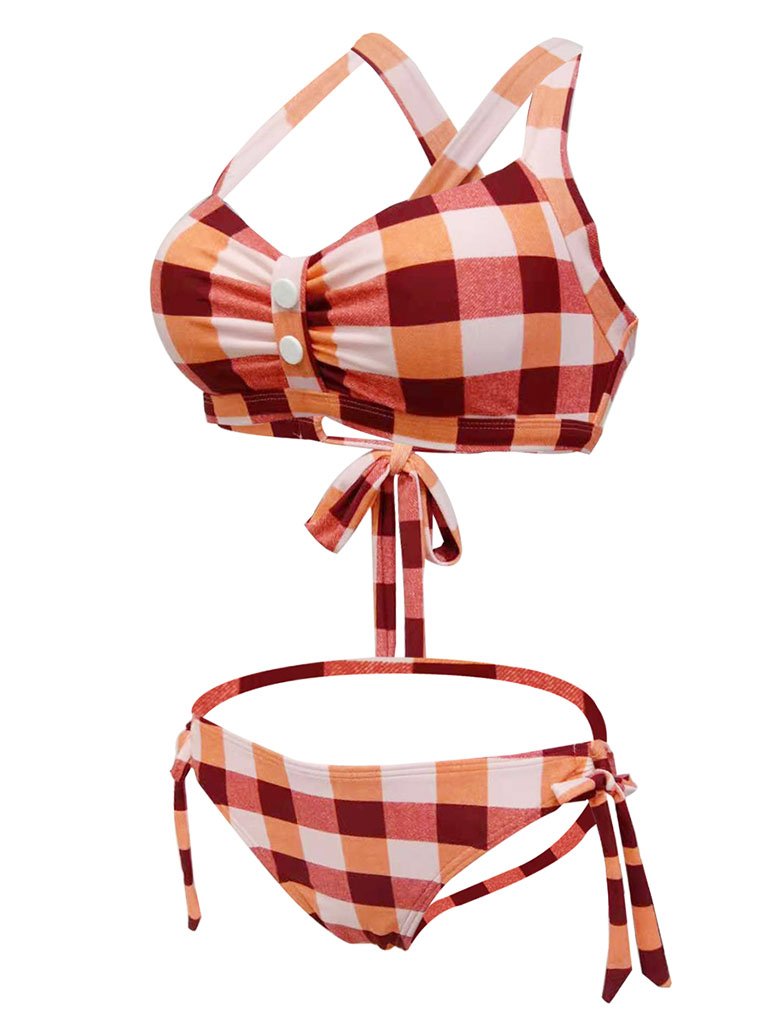 High Waisted Retro Style Backless Plaid Two Pieces Bikini Sets