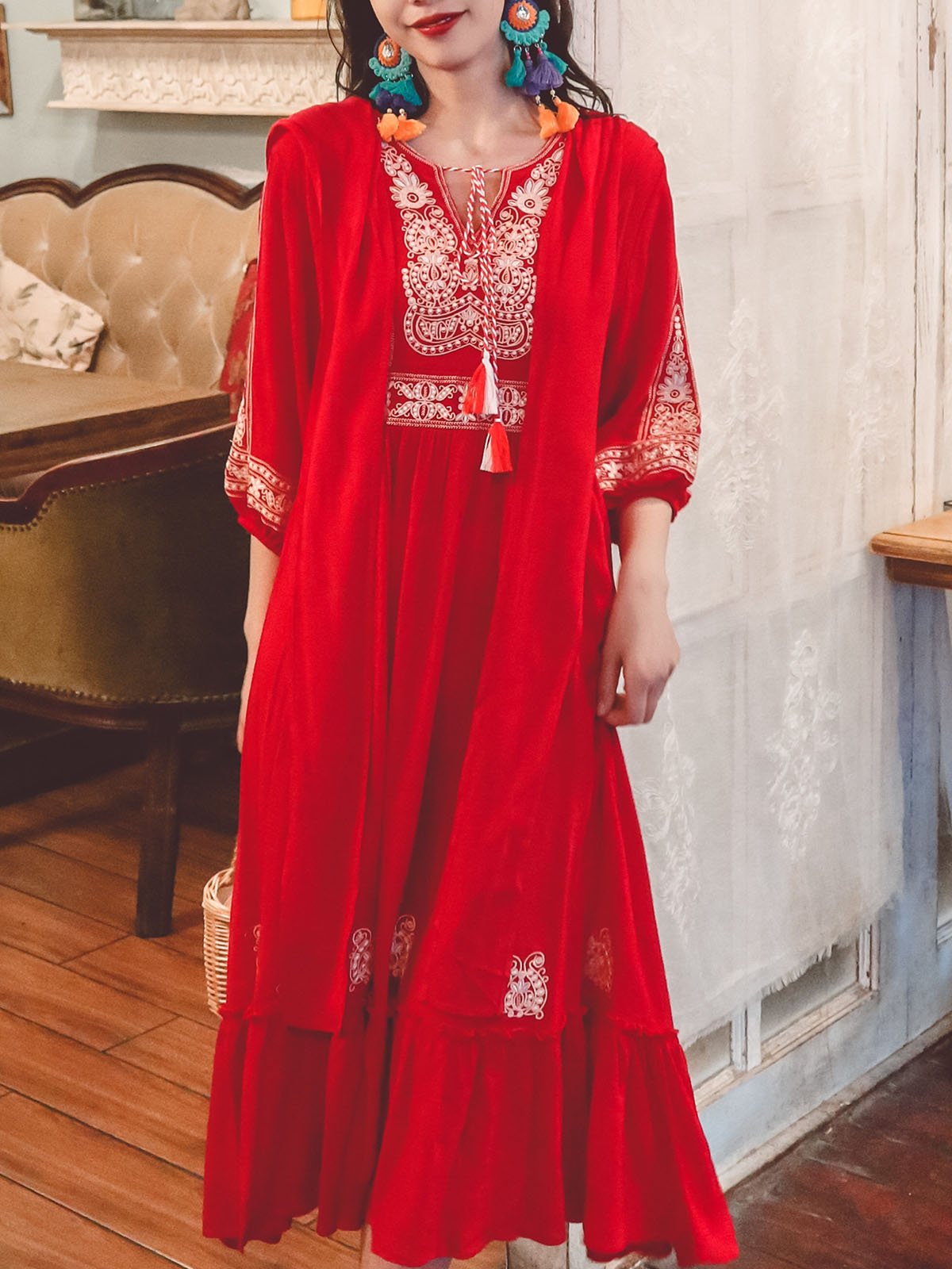 Jolly Vintage 2 Pieces Bohemian Hooded Embroidered Floral 3/4 Sleeve Boho Dress