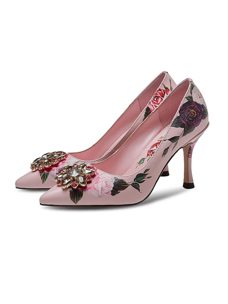 Rose Print Rhinestone Stiletto Heel Vintage Shoes