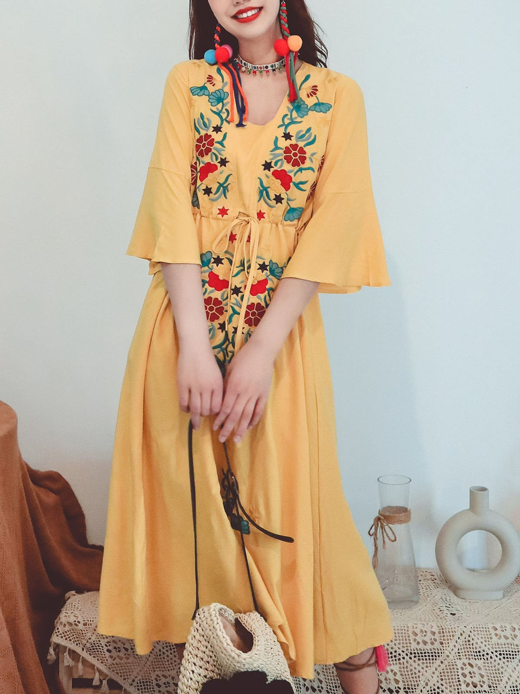 Cotton Embroidered Floral Square Neck Flared Half Sleeve Maxi Boho Dress