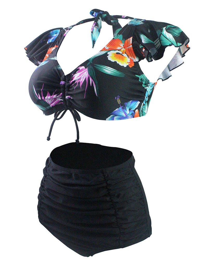 Black Floral 3D Print V Neck Retro Style Bikinis Swimsuits Bathing Suit