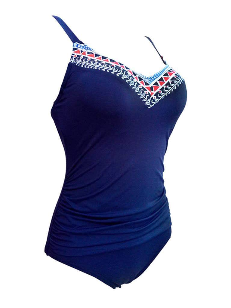 Blue 3D Print Strap Backless Retro Style One Piece Swimwear Bathing Suit