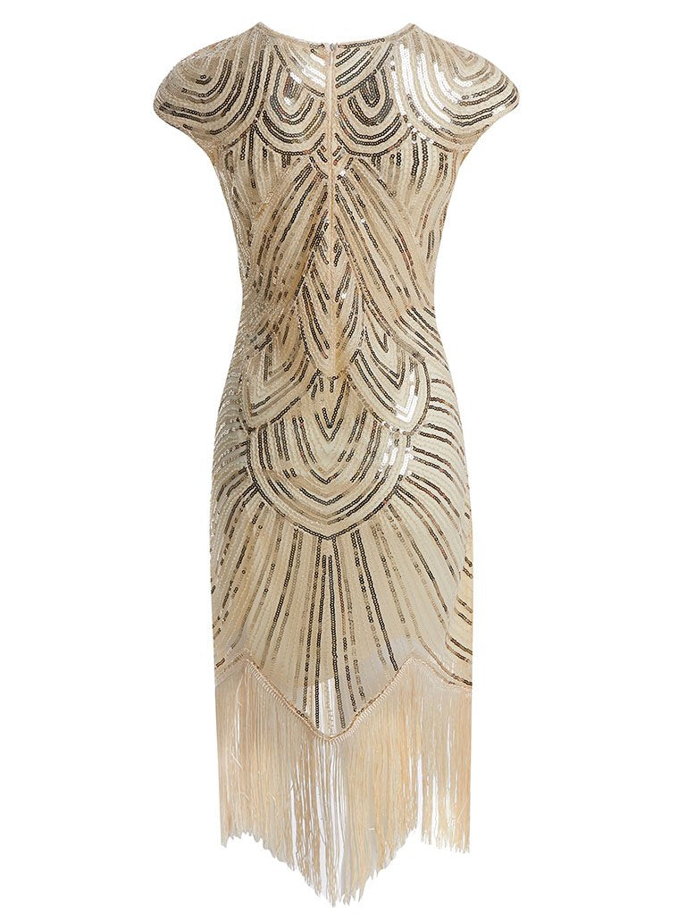 1920s Champagne Fringed Sequined Flapper 1920s Great Gatsby Dress