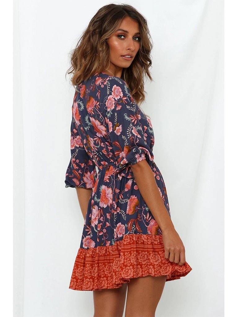 Boho Dress Floral Printed V Neck Beach Dress Half Sleeve