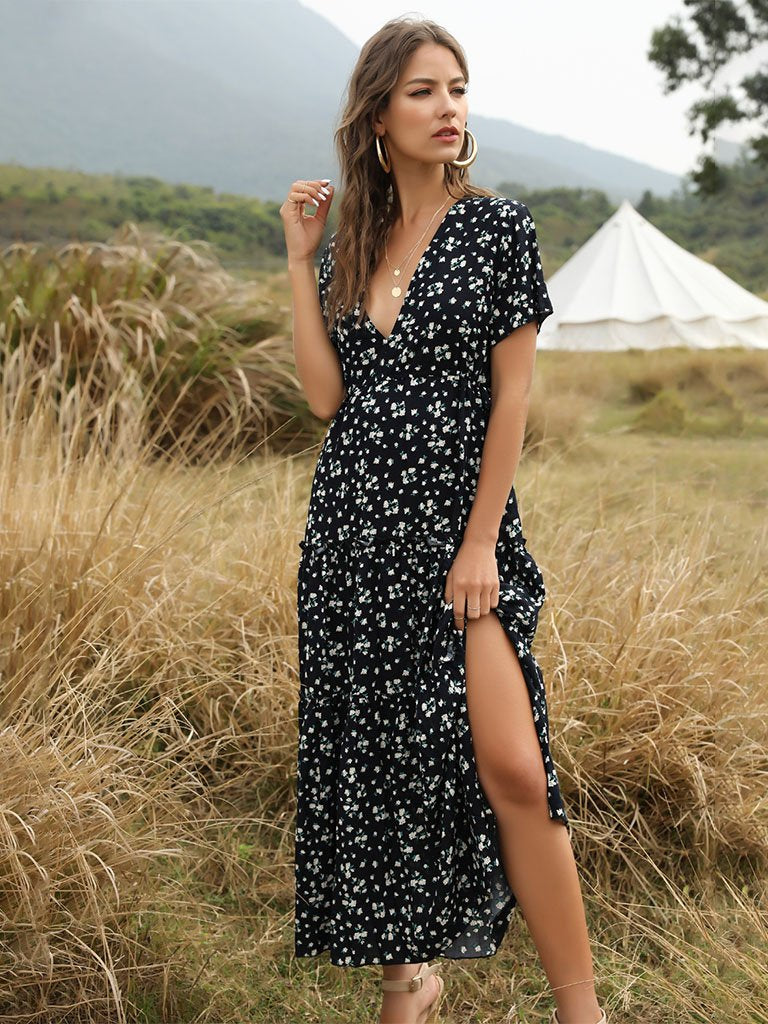 Boho Dress Floral Printed Ruffle Deep V Neck  Maxi Dress