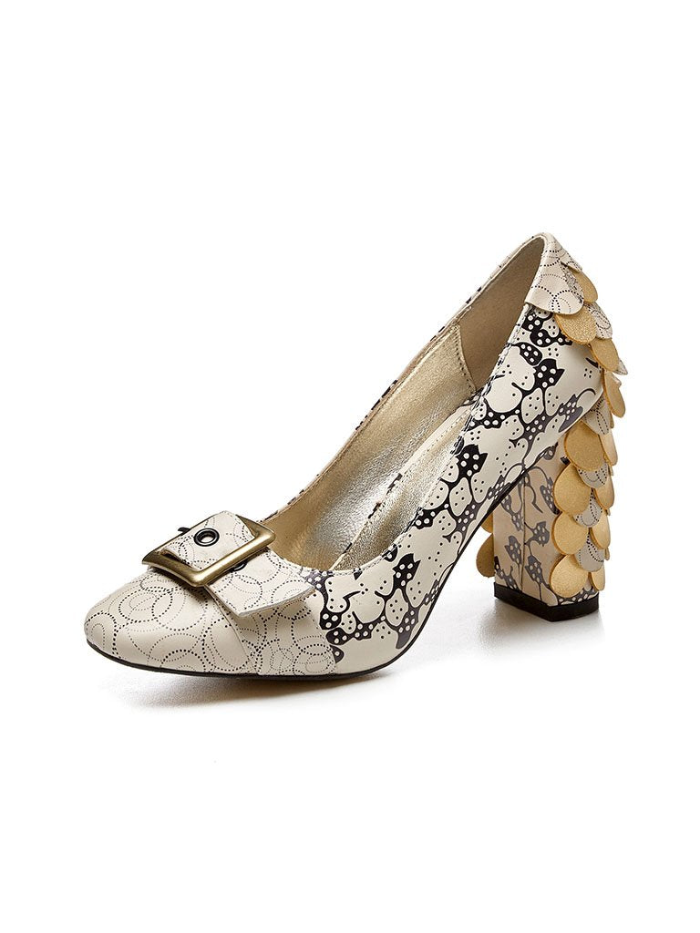Stone Patten Petal Chunky Heel  Vintage Shoes