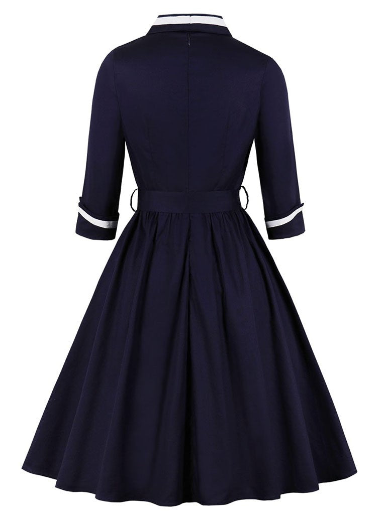 Navy 1950s V Neck Vintage Swing Dress