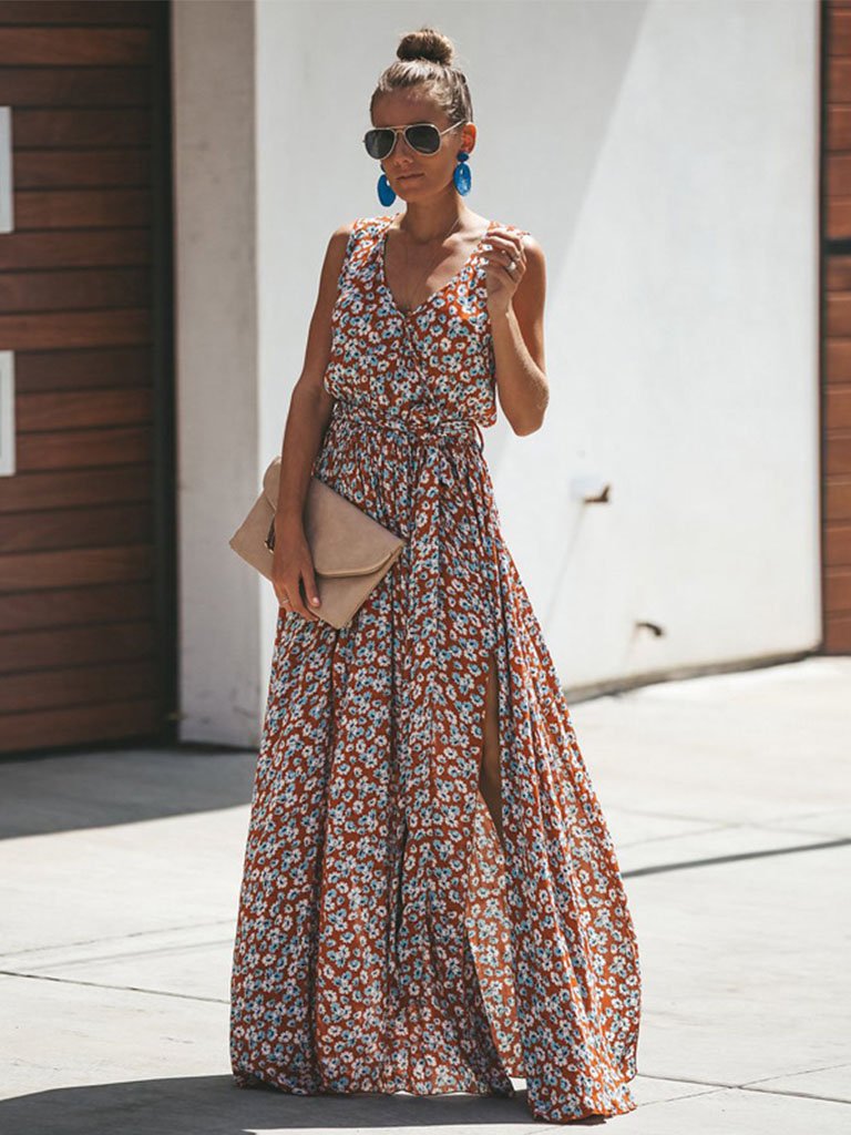 Boho Dress Floral Printed V Neck Summer Maxi Dresses Sleeveless