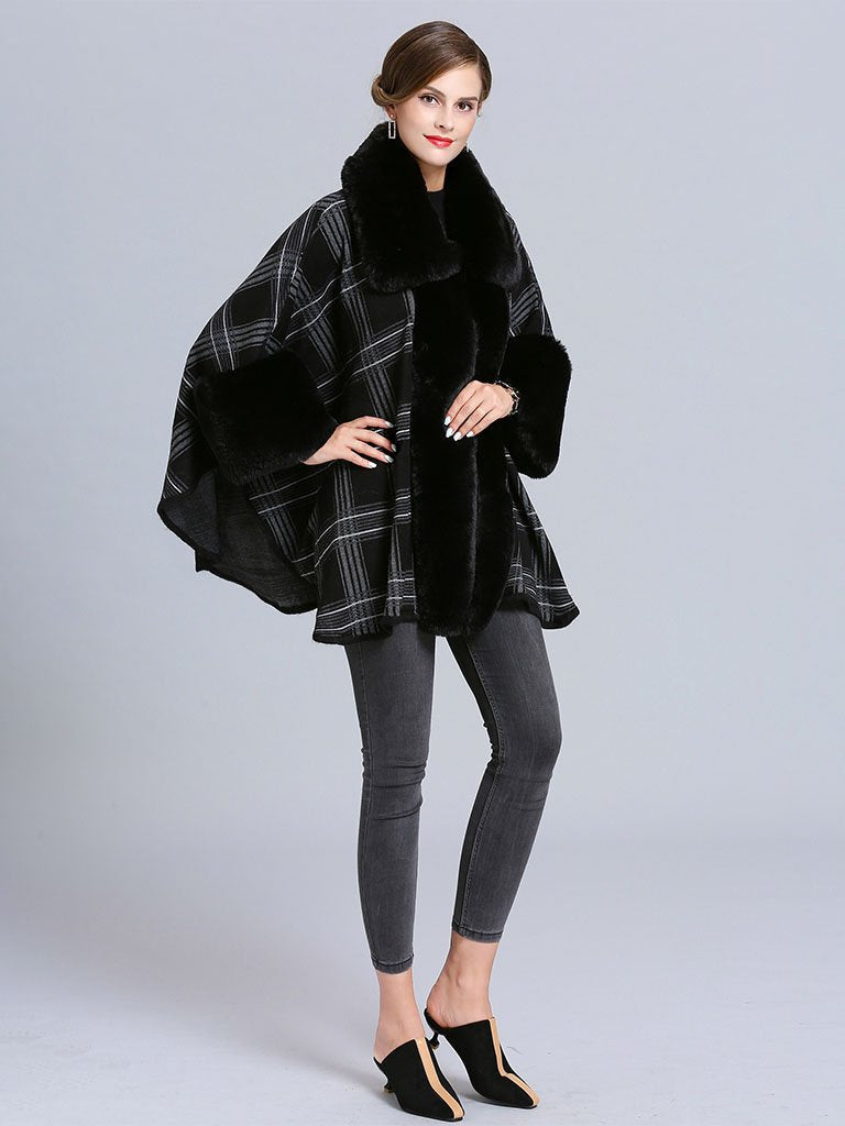 Plaid Poncho Sweater Faux Fur Coat Shawl Collar