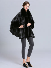 Plaid Poncho Sweater Faux Fur Coat Shawl Collar