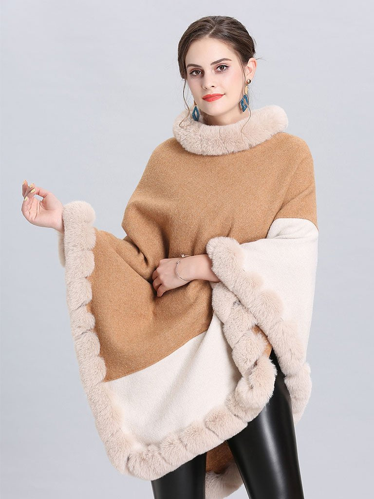 Faux Fur Coat Wool Cape Coat Hooded Long Sleeve Overcoat