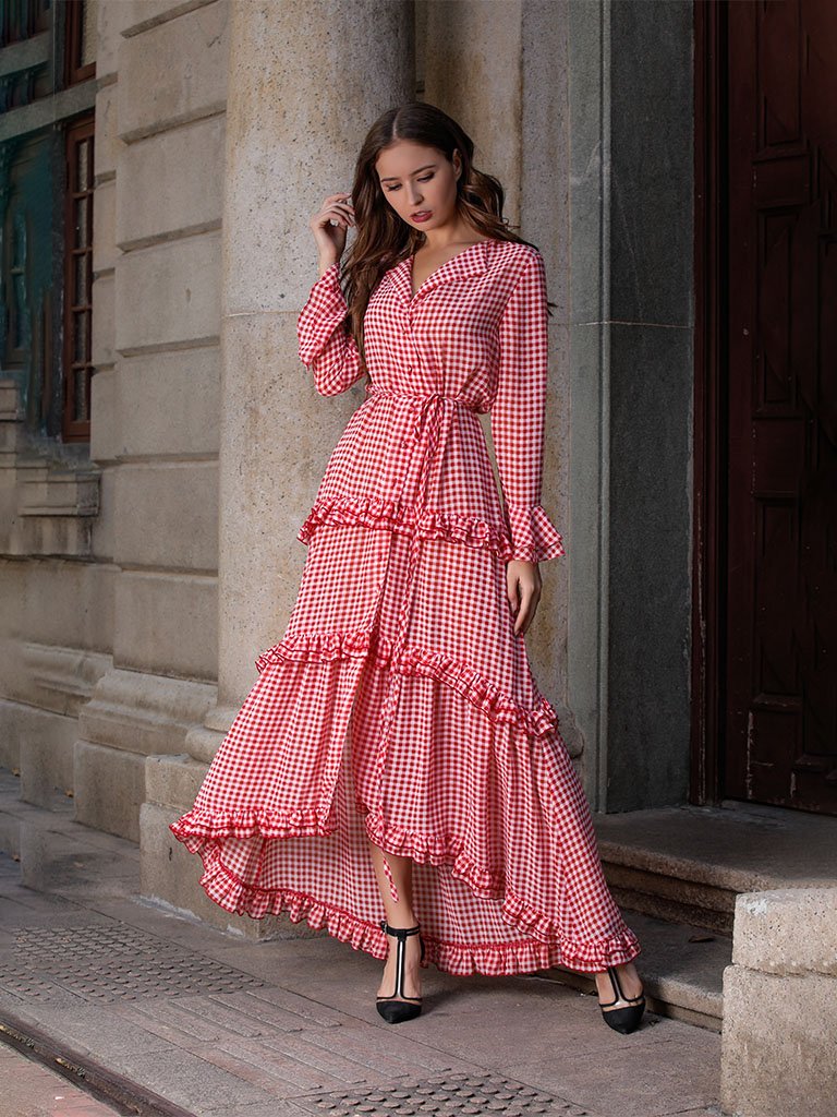 Boho Dress Red Plaid Splid Ruffles Peplum Maxi Dress Cake Dress