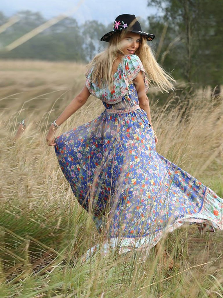 Summer Boho Dress Floral Printed V Elastic Band Collar Beach Maxi Dress
