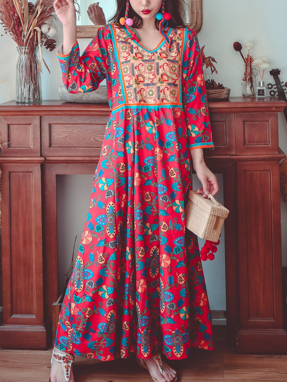 Jolly Vintage Embroidered Printed Floral V Neck Long Sleeves Boho Maxi Dress