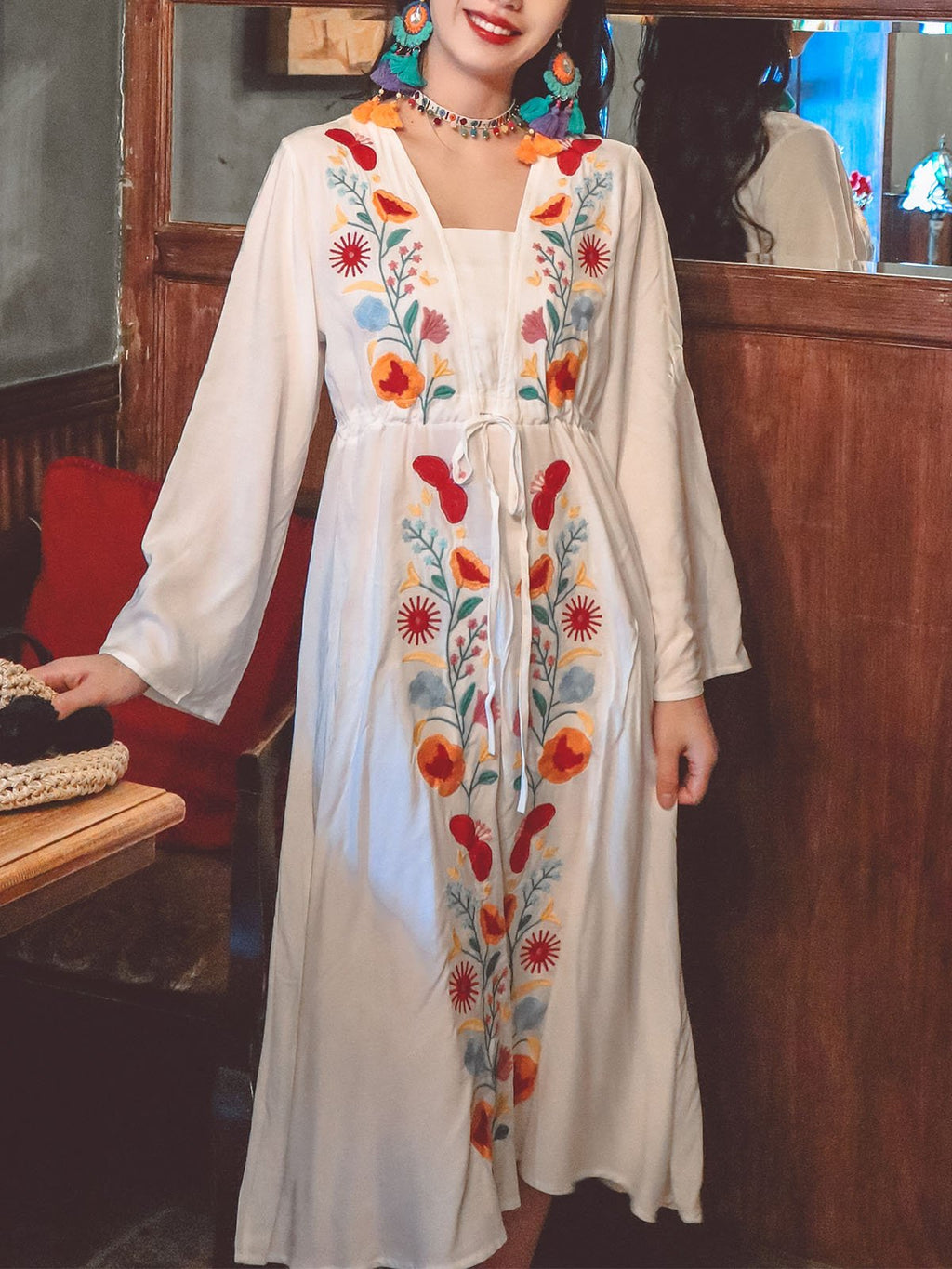Jolly Vintage Embroidered Floral Long Sleeves Square Neck Boho Dress