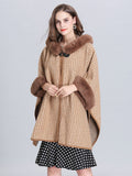 Faux Fur Coat Wool Cape Coat Hooded Long Sleeve Gingham Overcoat