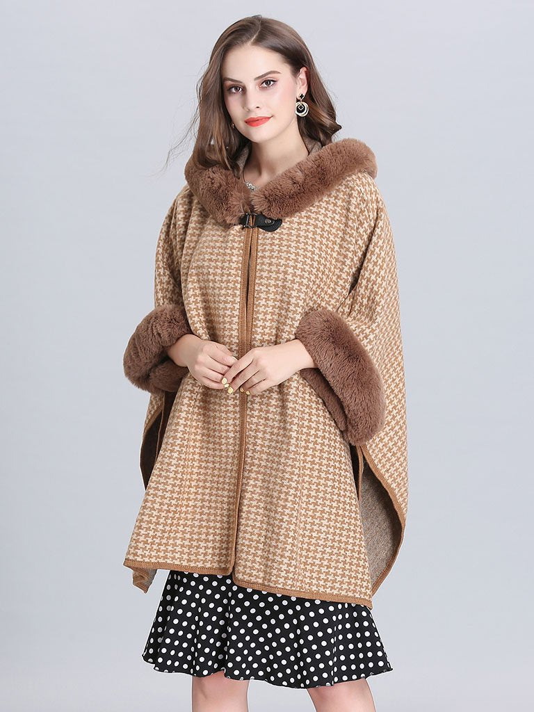 Faux Fur Coat Wool Cape Coat Hooded Long Sleeve Gingham Overcoat