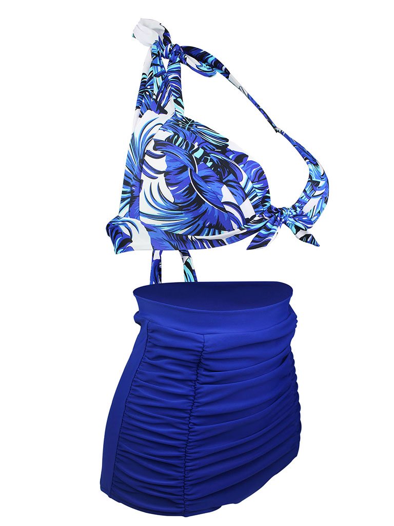 Blue Leaf 3D Print Retro Style Bikinis Swimsuits Bathing Suit