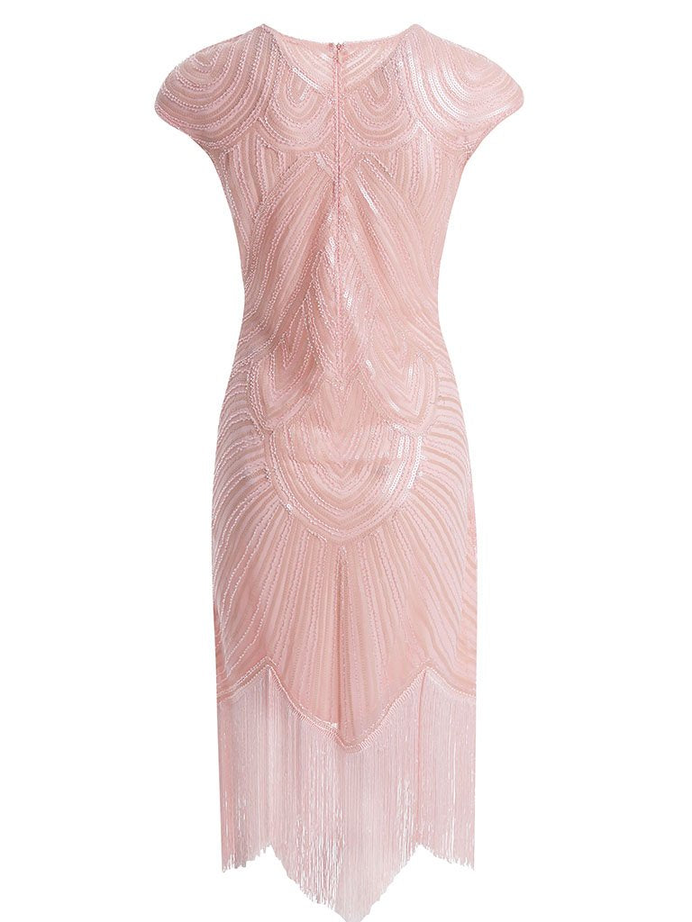 1920s Champagne Fringed Sequined Flapper 1920s Great Gatsby Dress