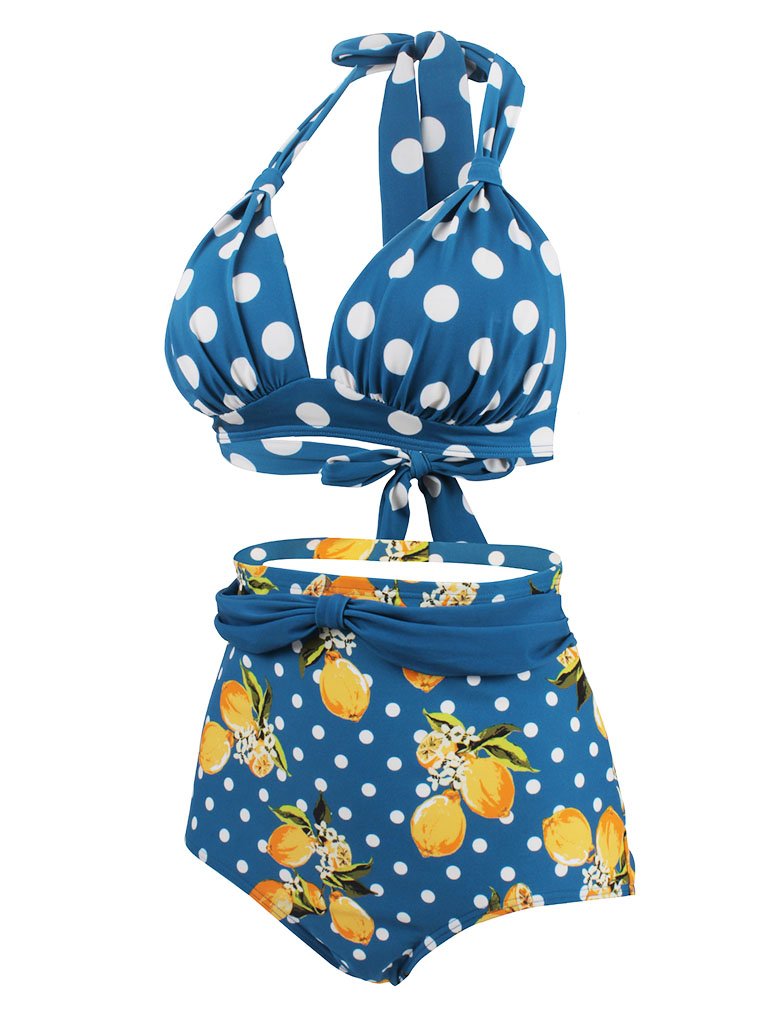 Classical Vintage Style Dots And Floral Two Pieces Bikini Sets