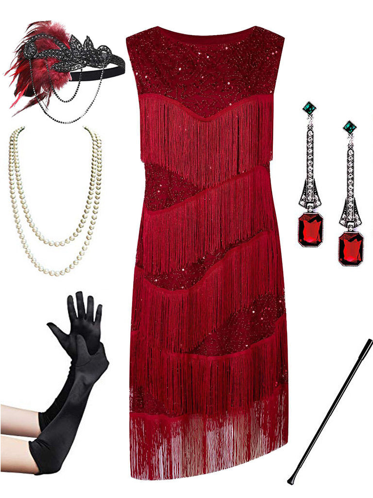 Wine Red Gatsby Glitter Fringe 1920s Flapper Dress Set